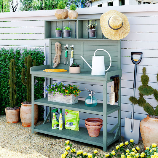 TOPMAx 65 Large Wooden Farmhouse Rustic Outdoor Potting Bench Table Patio Workstation Garden Potting Bench With 4 Storage Shelves And Side Hook Green