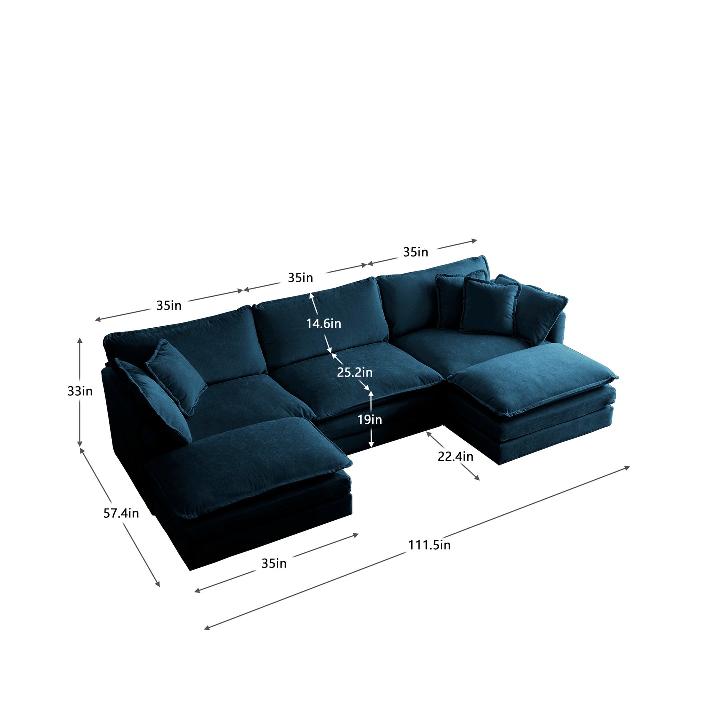 U-Shaped Sectional Sofa W Reversible Footrest, 5-Seater Convertible Corner Couch With 2 Ottomans ,Modern Minimalist Soft Sofa & Couch For Living Room , Blue Chenille