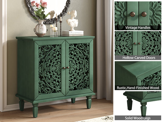 Vintage Hollow-Carved Accent Cabinet, 2-Door Display Storage Sideboard With Symmetrical Floral Design, Adjustable Shelf And Solid Wood Legs For Living Room Entryway Antique Green