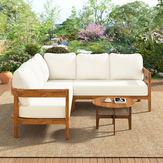 U-Style Acacia Solid Wood Patio Furniture Set Outdoor Patio Conversation Furniture Set With 6 Soft Seat Cushions And Backpack All Weather Outdoor Patio Sofa With Arc Frame For Backyard Garden.