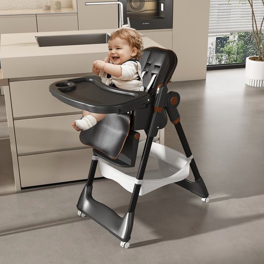 Adjustable Baby High Chair 0-6 Years -Portable Infant Feeding Seat With Safety Belt, Silent Lockable Wheels & Easy-Clean Design For Home, Dining, Living Room, Bedroom Black