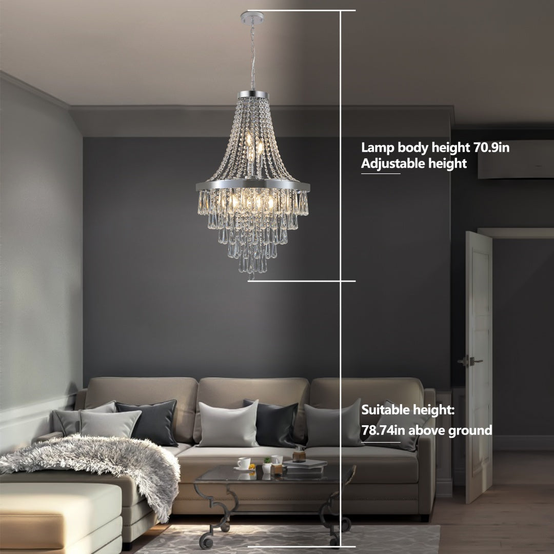 20 Chrome Crystal Chandelier With Adjustable Height, Modern Ceiling Light Fixture For Living Room, Dining Room, Staircase, 11-Light E12 Bulb Base No Bulbs