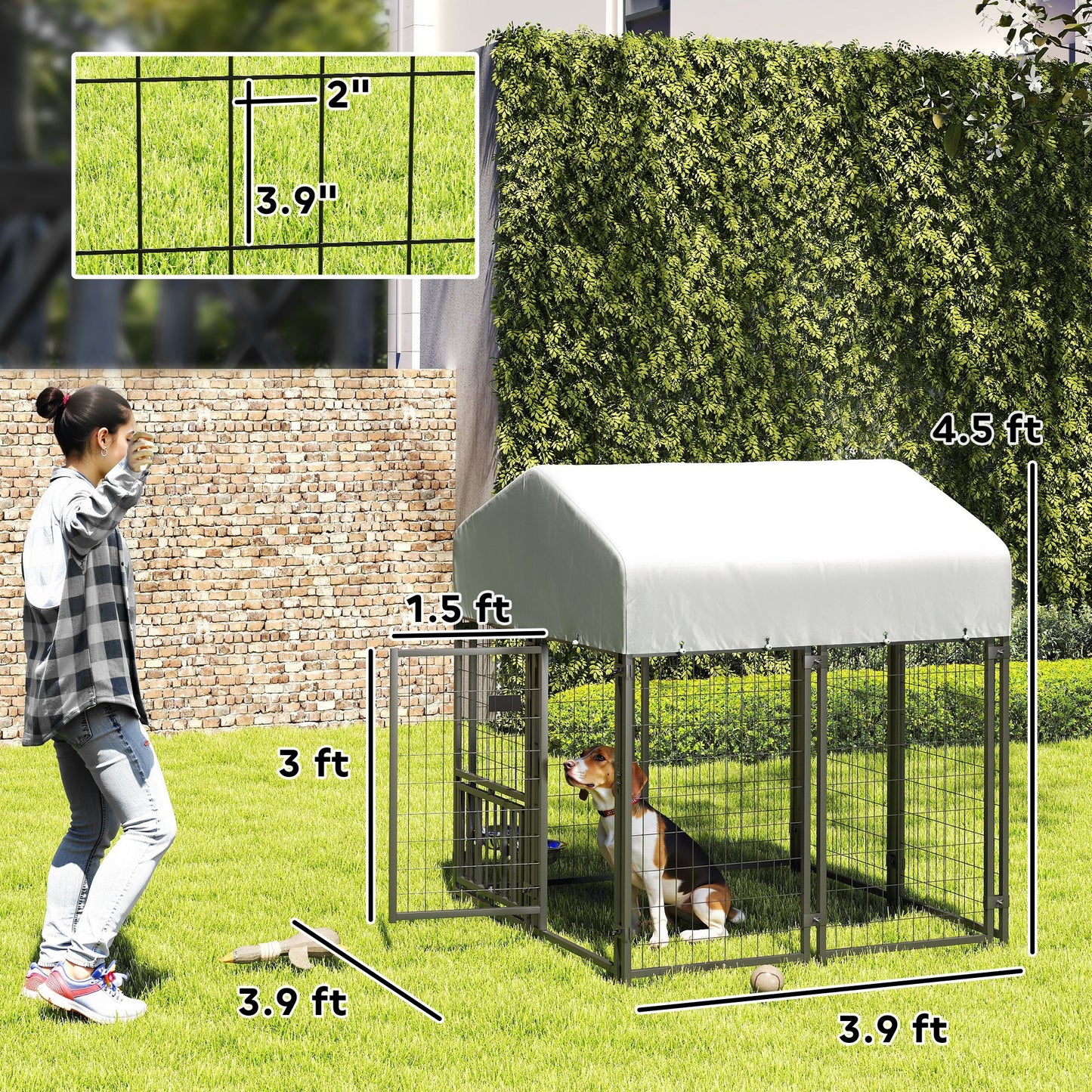 Welded Wire Outdoor Dog Kennel With 360° Rotating & 4 Levels Adjustable Bowls, Waterproof Cover, 3.9' X 3.9' X 4.5'