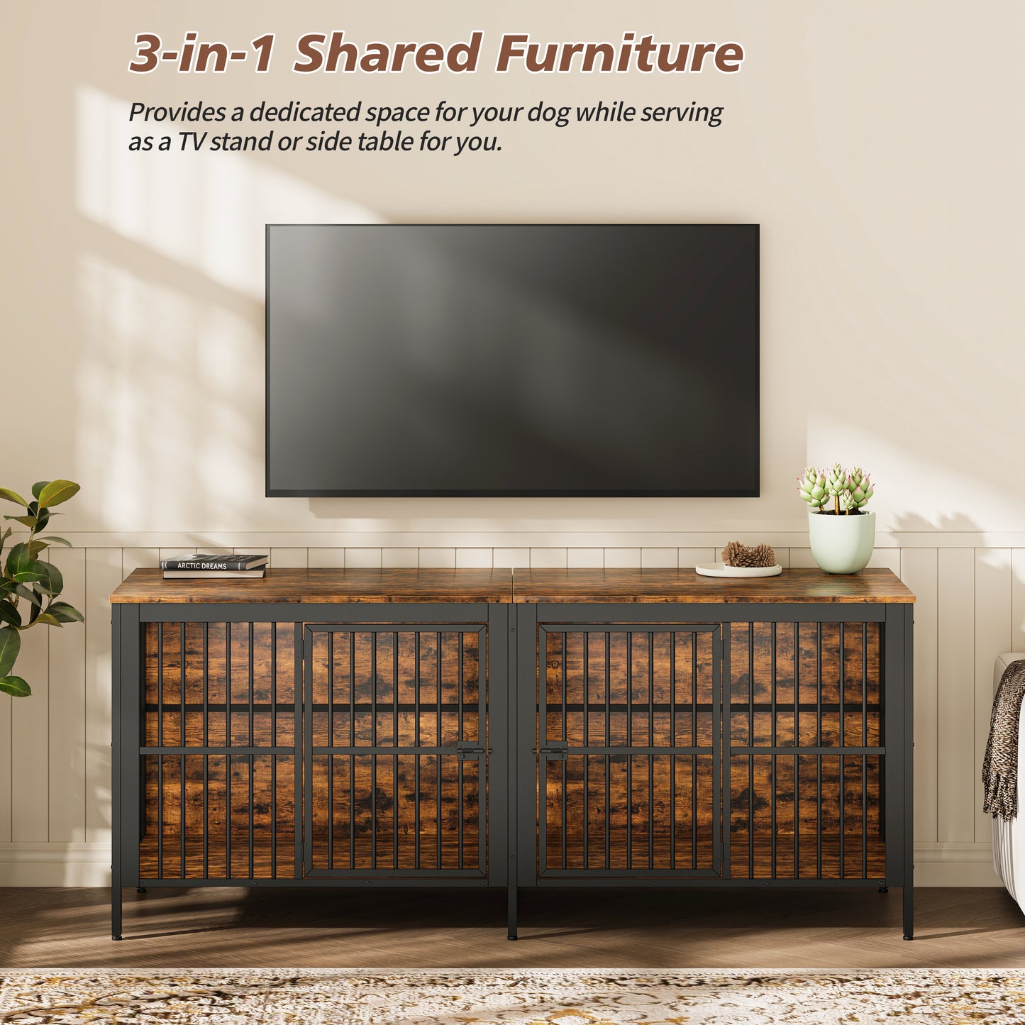80 Dog Crate End Table, Heavy Duty 2-Door Indoor Pet Kennel, Multipurpose Dog House Furniture As TV Stand Or Side Table For Living Room, Large & Medium Dogs. Rustic Brown