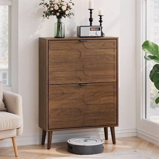 Medieval Modern Independent Shoe Cabinet, 23.62-inch Walnut Shoe Storage Cabinet,, Fence Shoe Cabinet With 2 Flip Drawers, Suitable For Corridors And Entrances
