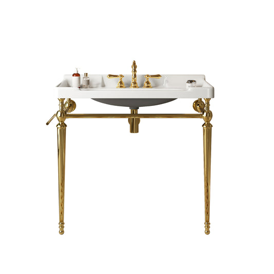 VICI 36 Bathroom Console Sink, Wall-Mounted White Ceramic Vanity Basin With 3 Pre-drilled Faucet Holes, Freestanding Stainless Steel Support Legs With Towel Bar, No Faucet & Sink Cover, Gold Color