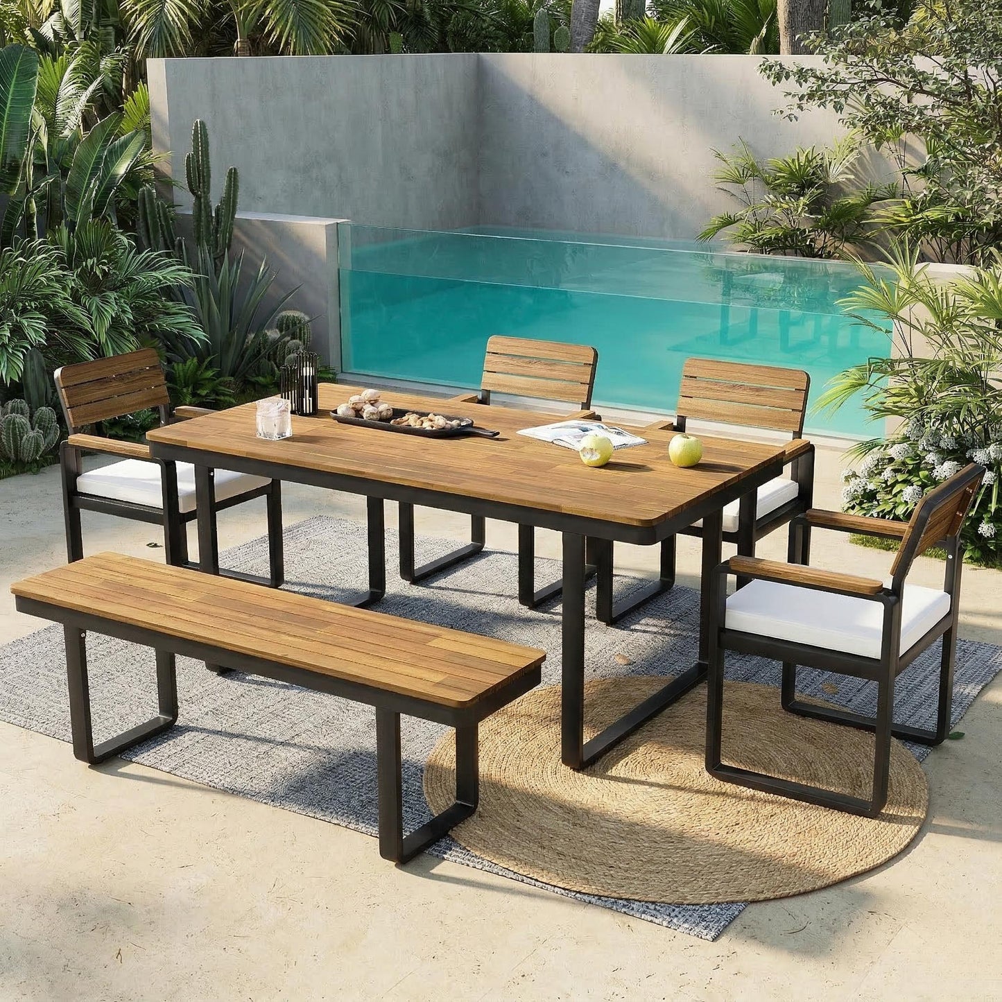 6-Piece Outdoor Dining Set, Acacia Wood, 1 Table With 4 Chairs & 1 Bench For 6-7 Person, Comfortable Cushions On Chairs, Adjustable Feet, For Patio, Garden, Backyard Dining, Beige Cushion
