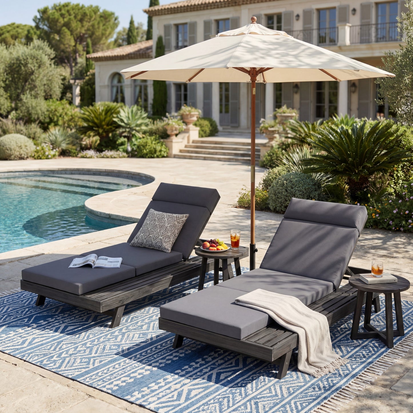 Lounge Chaise Set With Headrest, Space Available On One Side, Acacia Wood In Black With Water-Resistant Lounge Cushions Dark Grey & 3-Fold & 4 Inch -Matching Cream Beige Version Available