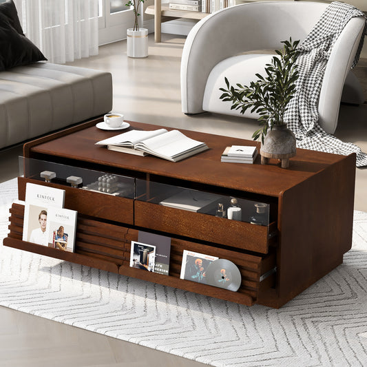 U-Can Modern Rectangle Coffee Table With 4 Drawers And 2 Display Shelves, 47.2 Wood Coffee Table With Fluted Style, Tempered Glass For Living Room