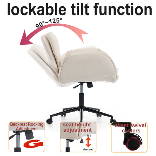 Criss Cross Chair With 5-Gear Adjustable Armrests & Wheels, Ergonomic Thickened Backrest Swivel Desk Chair For Home Office, Vanity, Bedroom And Living Room, Beige Cloth