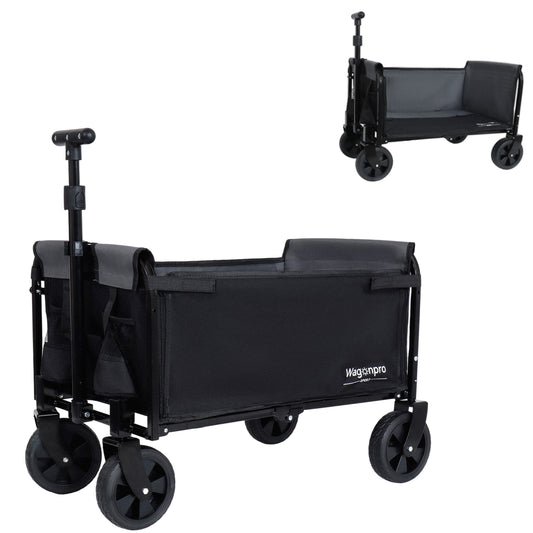 All- In- One Convertible Folding Camping Wagon Cart Bench Seat Storage Compartment & Included Dog Tether Black Gray