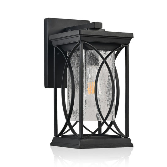 14in H 1-pack Black Outdoor Wall Lantern With Crackled Glass, Weather-Resistant Exterior Light Fixture For Porch, Patio, And Entryway, Modern Decorative Wall Sconce With E26 Base Bulb Not Included