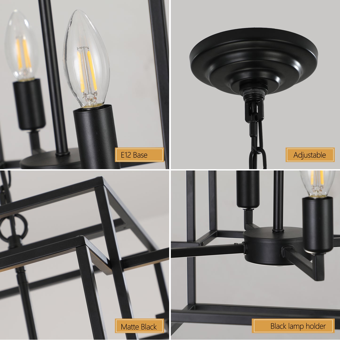 18in Modern 8-Light Black Geometric Pendant Chandelier, Industrial Metal Frame, Adjustable Hanging Light For Living Room, Dining Room, Kitchen,No Bulbs,