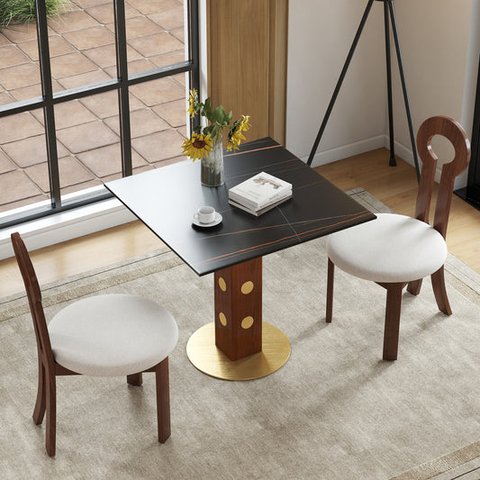 Modern Square Dining Table, 33.5 Sintered Stone Table With Wooden Leg & Gold Base, 2 - Person Kitchen Table For Small Space, 150lbs Weight Capacity Only The Negotiation Table