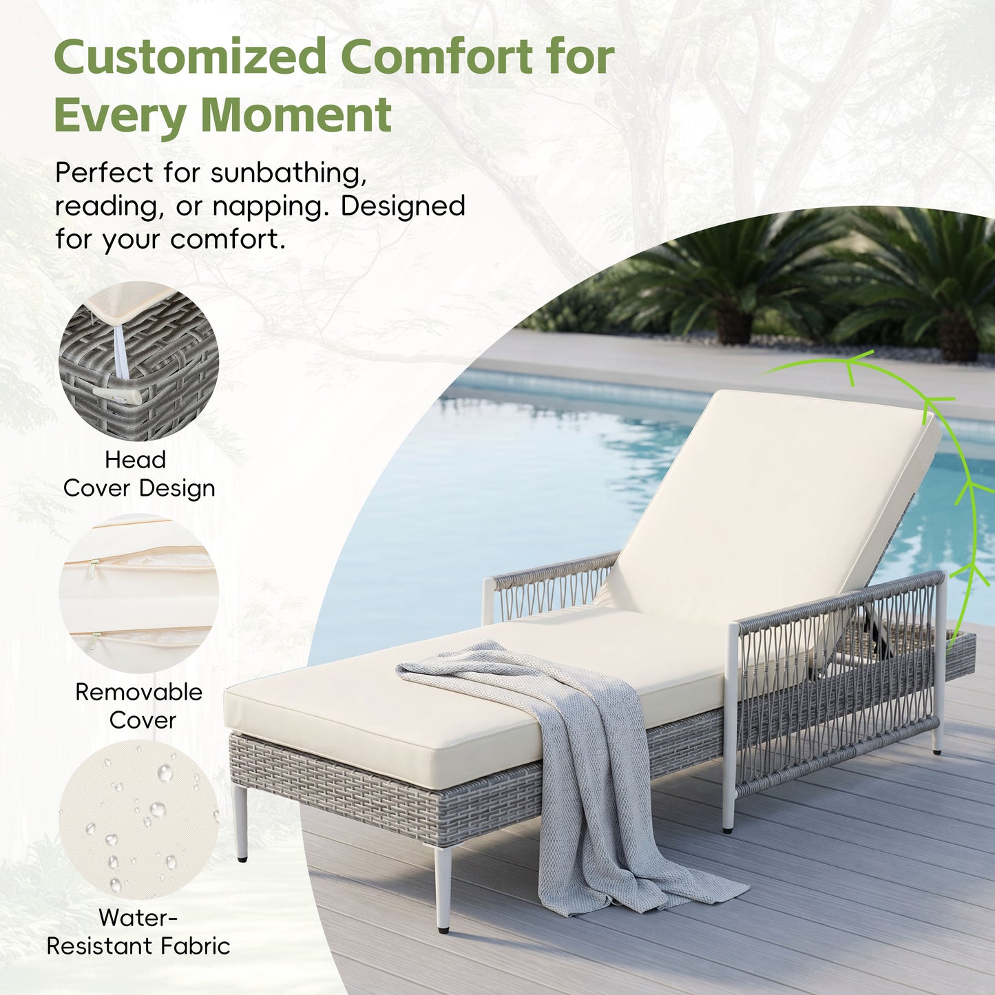 TOPMAX Outdoor All-Weather PE Rattan Chaise Lounge, Minimalist Patio Wicker Lounge Chair With 6 Gear Adjustable Recliner, Arms And Cushion For Poolside, Deck, Grey