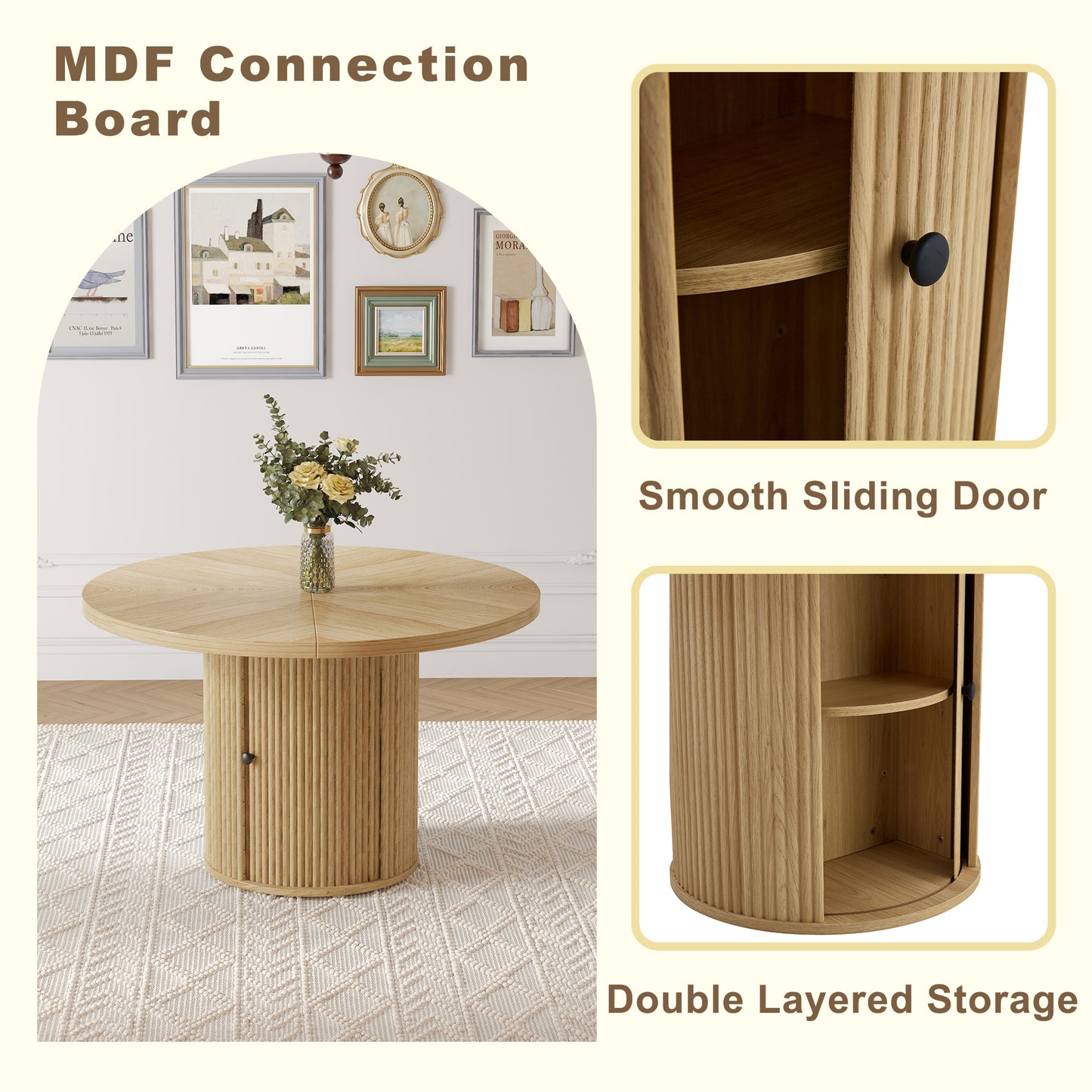 2piece PU Padded Dining Chair Set With 47.2 In Round Roman Column Table, Storage Included, Suitable For Restaurants Wooden Color