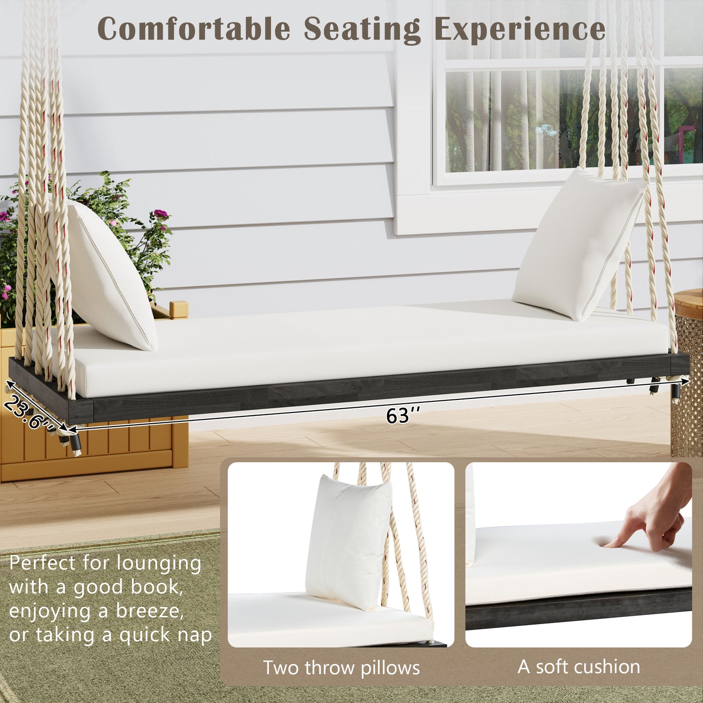 TOPMAx Patio Wooden Swing Chair Hanging Porch Swing Bench With Cushion&Pillows 10.8Ft Hemp Ropes For Garden Lawn Brown