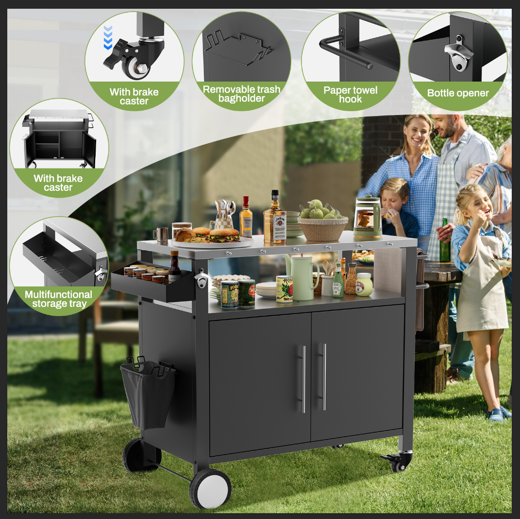 Two Doors Outdoor Grill Cart With Patio Furniture, Outdoor Grill Table With Storage,Rolling Bar Cart Outdoor BBQ Cart With Hooks And Spice Rack For Grilling Accessories, Black