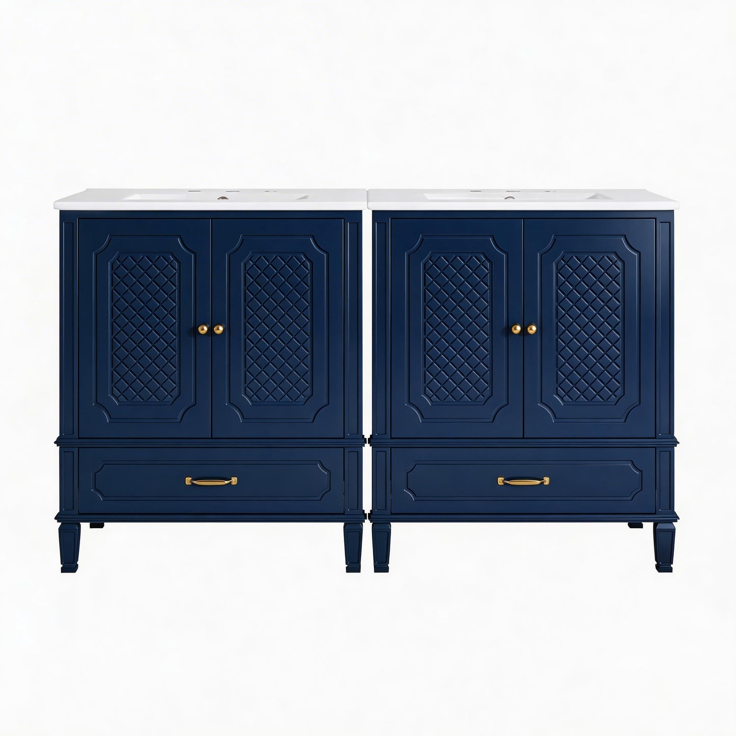 Video 60 Bathroom Vanity With Double Sink Combo Set, 2 Cabinet With Door Organizers, 2 Drawers, Blue