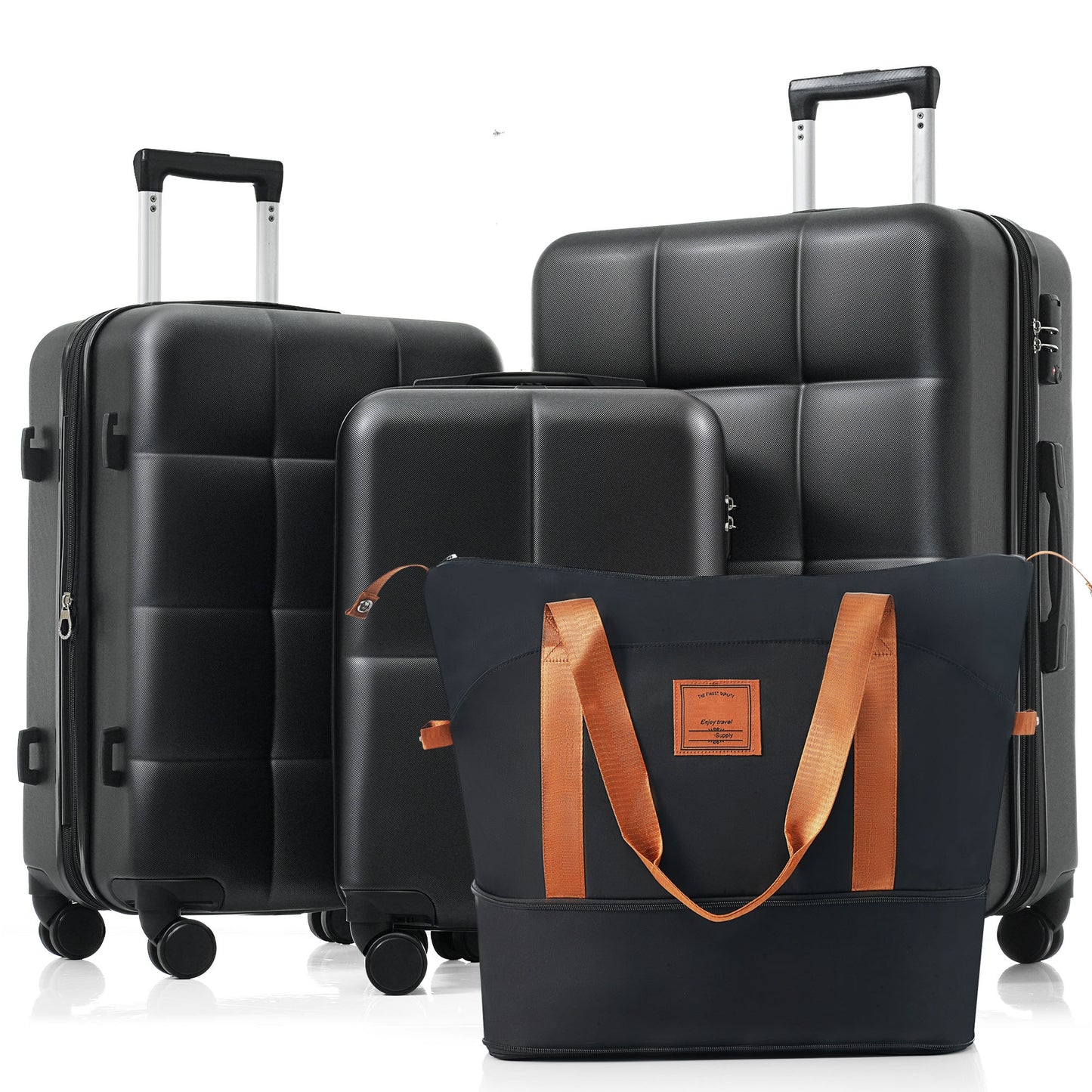 Luggage Sets 4 Piece, ABS Durable Suitcase With Travel Bag, Cup Holder, ABS Hard Shell Luggage With Spinner Wheels, Black And Brown