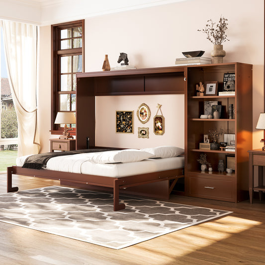 Queen Size Murphy Bed With Height Adjustable Storage Compartments And Shelf, Wall Bed Frame With 1 Drawer, Multifunctional Foldable Platform Bed For Bedroom,Guest Room, Walnut OLD SKU N733S309223D