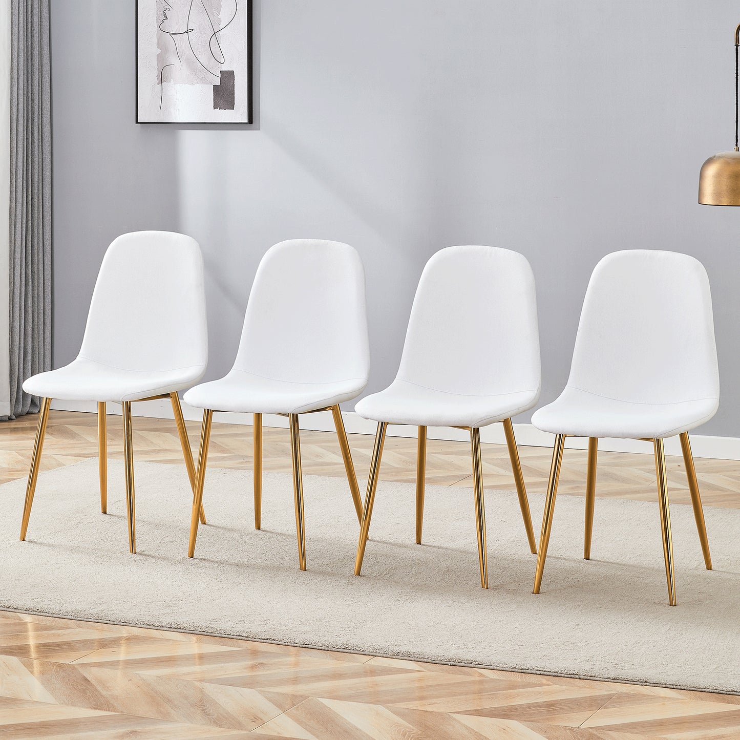 Luxury Simple Chair - Set Of 4 White Linen Material High Resilience Dining Chair With Metal Golden Leg.Integral Metal Leg Architecture,Suitable For Various Interior Decoration Styles.