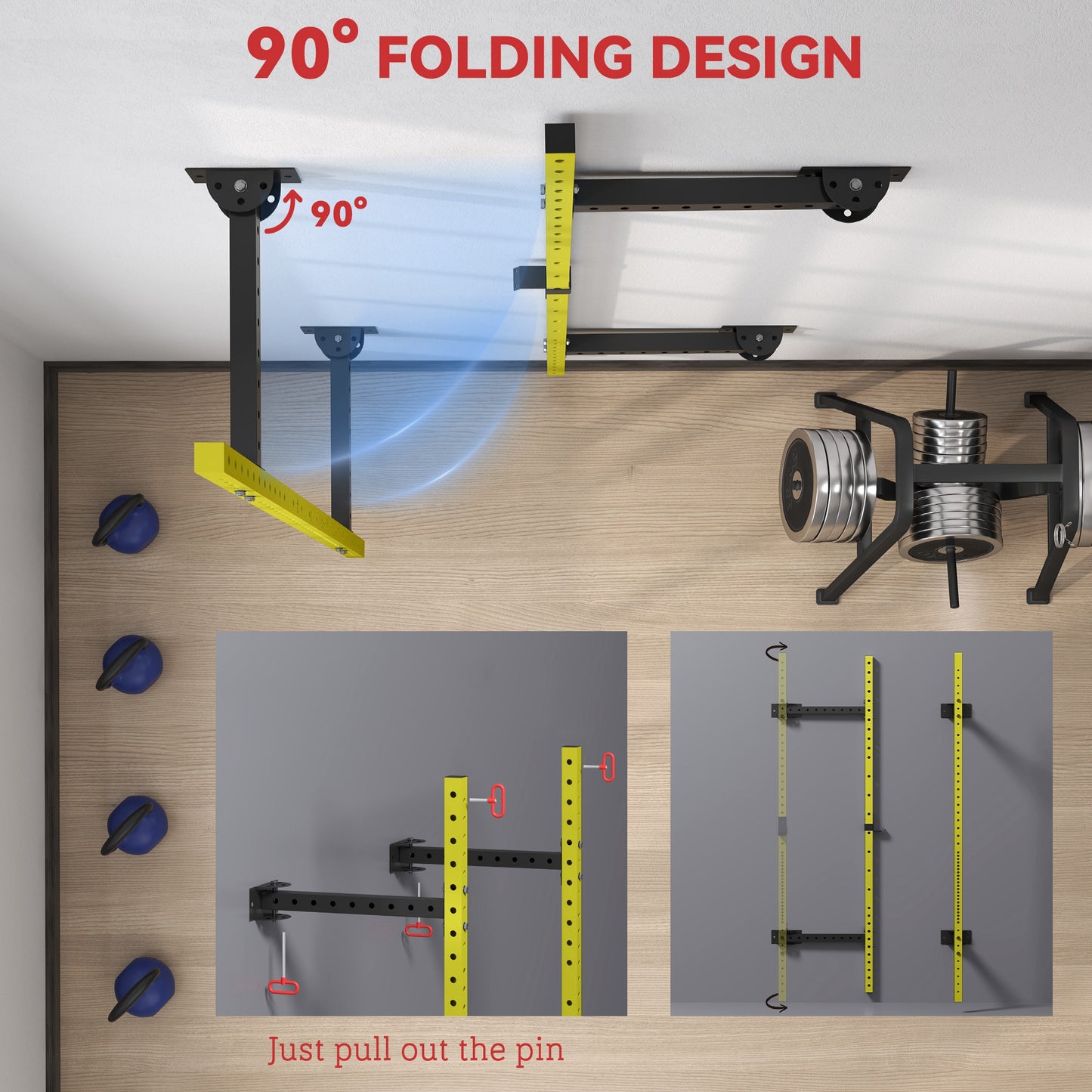 Folding Squat Rack With Pull Up Bar, Wall Mounted And Adjustable, 1000 Pounds Capacity Power Rack, Yellow