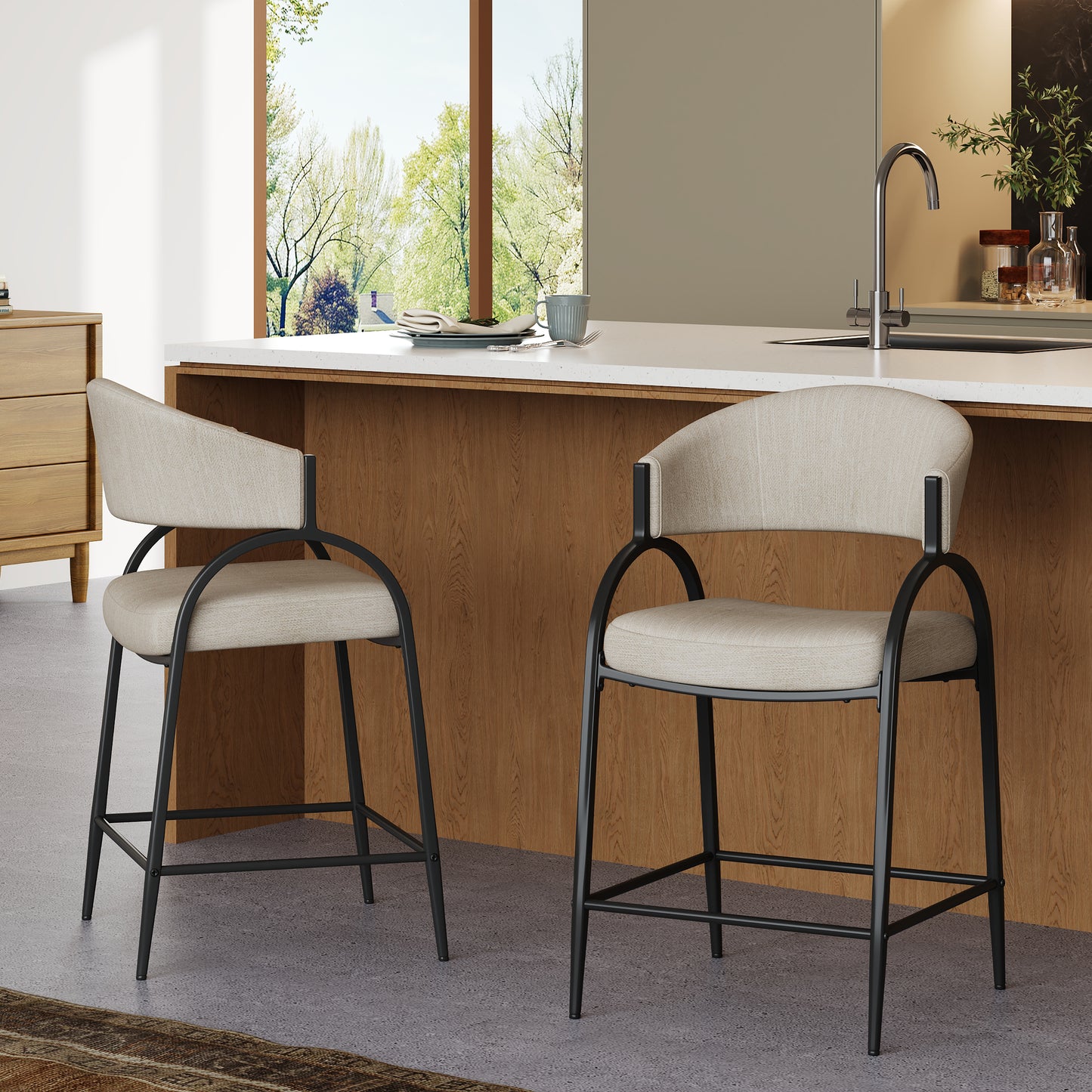 25 Seat Height Modern Fabric Bar Stools With Back, Black Metal Frame, Comfortable Counter Stools For Kitchen Island Dining Room, Set Of 2 Beige