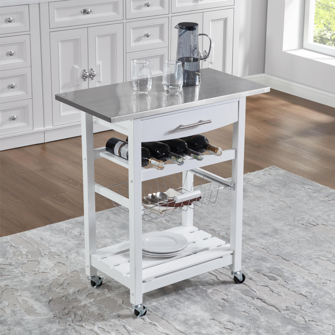 Mobile Rolling Kitchen Island Trolley Serving Cart With Underneath Drawer & Slide-Out Wire Storage Basket