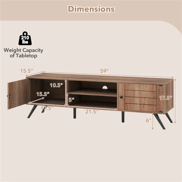 Oak Mid-Century Modern TV Stand For 65-Inch TVs, 210 Lbs Capacity Media Console With Storage Cabinets & Cable Management