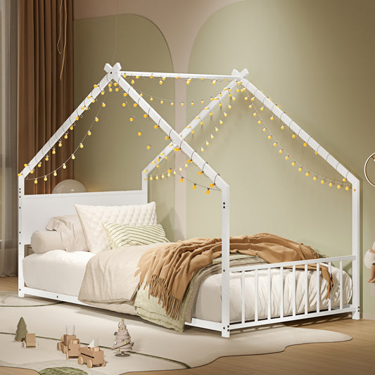 Twin Size House Bed With Roof And Colorful Lights, Metal Bed Frame With Slats And Legs, House Bed For Boy, Girls And Young Teens, No Box Spring Needed White