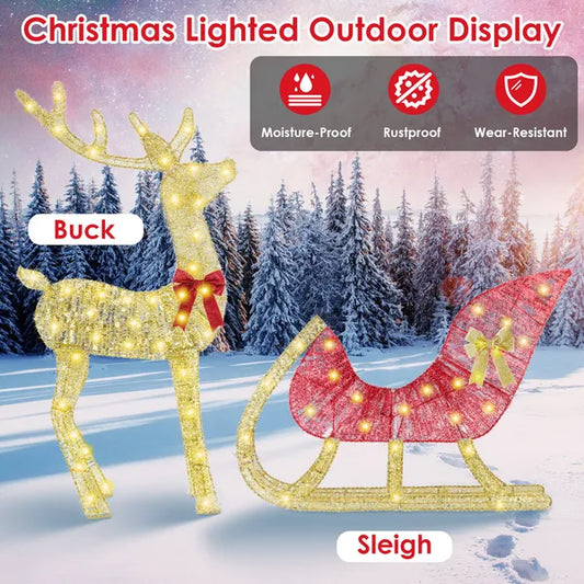 Lighted Christmas Reindeer & Sleigh Indoor Outdoor Christmas Decoration Christmas Lighted Display With 8 Lighting Modes