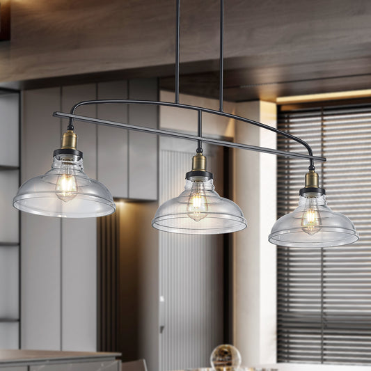 45 Industrial 3-Light Pendant Chandelier With Clear Glass Shades, Black Metal Frame, Adjustable Height, Modern Farmhouse Lighting For Kitchen Island, Dining Room, Or Living Room Bulb Not Included