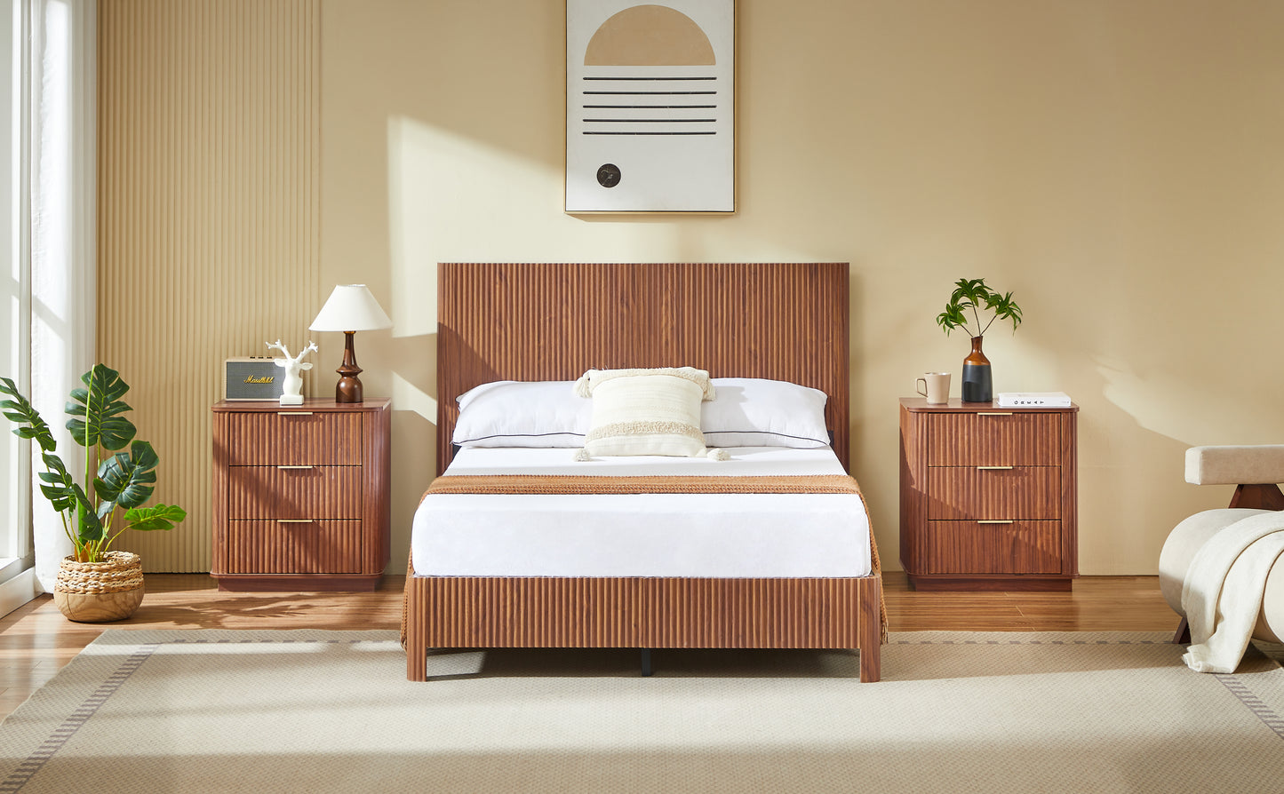 Full Size Wooden Corrugated Curved Lines,No Box Spring Needed, Walnut.