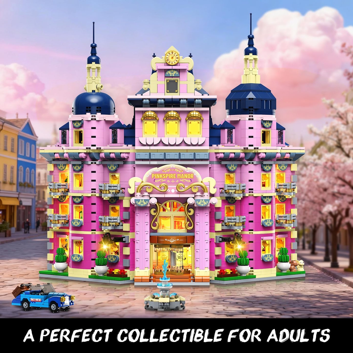 Estate House Building Set With Lights, 3 Style Pinkspire Construction Model With Car Fountain, 1815 PCS Villa Castle Building Block Kit Home Decor, Gift For Adults Boys Girls