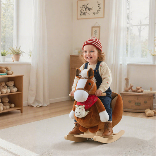 Kids Ride-On Rocking Horse Toy, Rocker With Lullaby Song, Hand Puppets & Soft Plush Fabric For Children 18-36 Months, Brown
