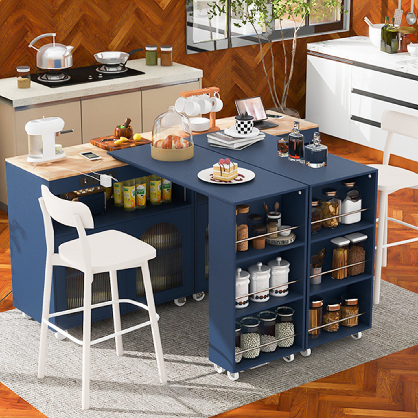 K&K Rolling Kitchen Island With Extended Table, Kitchen Island On Wheels With LED Lights,Power Outlets And 2 Fluted Glass Doors, Kitchen Island With A Storage Compartment And Side 3 Open Shelves, Navy