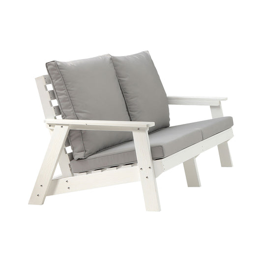 HIPS Loveseat With Cushion, Wood Grain Outdoor Garden Sofa,White Grey