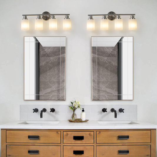 24 Modern 4-Light Vanity Wall Sconce, Brushed Nickel Finish With Frosted Glass Shades For Bathroom Or Hallway Lighting -No Bulbs