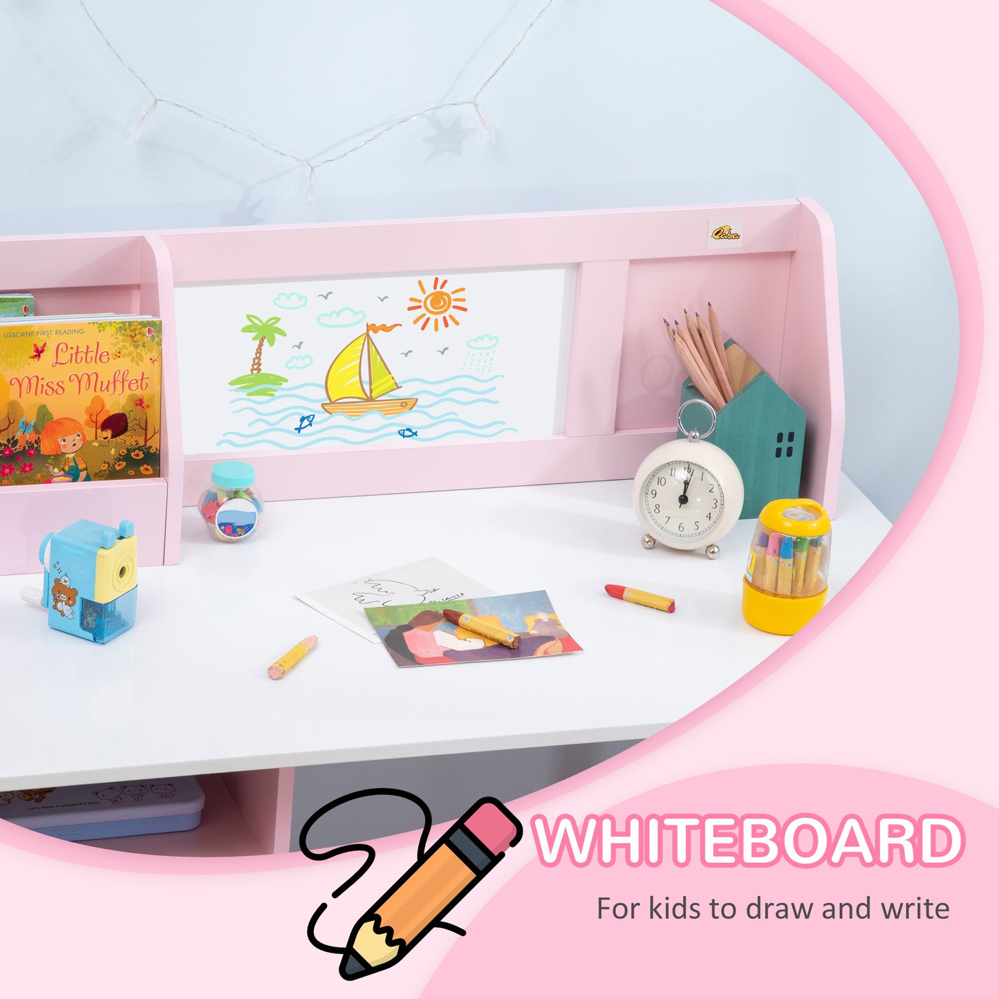 Toddler Table And Chair Set, Kids Writing Desk Homework Table With Whiteboard, Storage Cabinet, Pink
