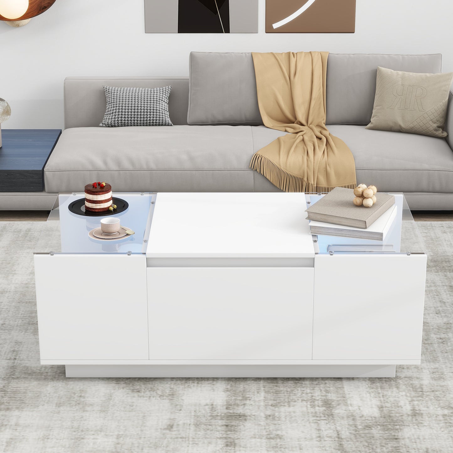U-Can Led Coffee Table, Modern Center Table With High-Gloss Finish And Glass Tabletop, Coffee Table With Open Storage Compartment And 2 Hidden Drawers For Living Room
