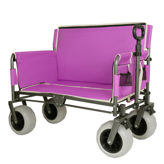 3- In- 1 Heavy- Duty Convertible Folding Wagon Cart With Bench Seat & Storage - 500lbs 180L Capacity Utility Wagon All- Terrain Wheels For Camping Beach Sports Garden Fish Purple