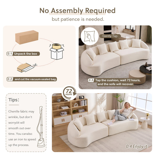 Curved Boneless Sofa Compression Modular 110'' Sectional White High-Density Couches Sleeper For Living Room Bedroom Apartment Lounge Chenille
