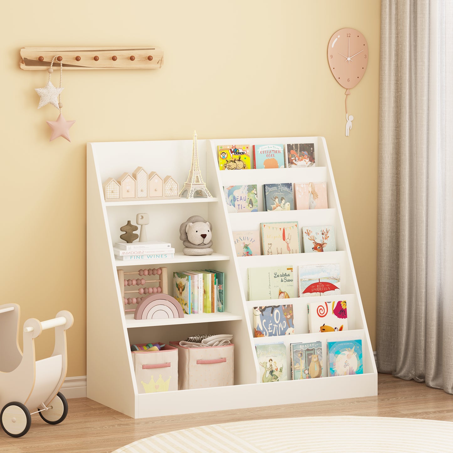 Kids Bookshelf And Toy Storage Organizer, Multifunctional 4 Tier Wooden Kids Book Shelf With Bookcase Display Stand In Kids Room Playroom Nursery For Kids, Children, Toddlers White