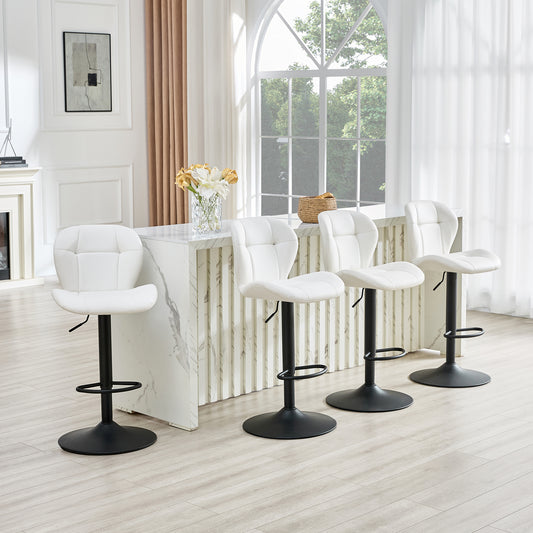 Set Of 2 Height Adjustable Bar Stools, White PU Upholstered Tufted Back Chairs With Black Metal Base & Footrest For Kitchen Island, Bar, Pub