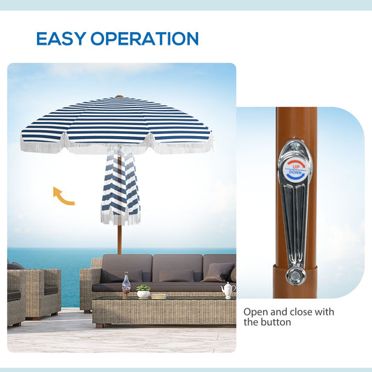 7 X 7 Ft Outdoor Umbrella With Tilt, Vent, Patio Market Table Umbrella Parasol With Fringed Ruffles And Flounce, Blue