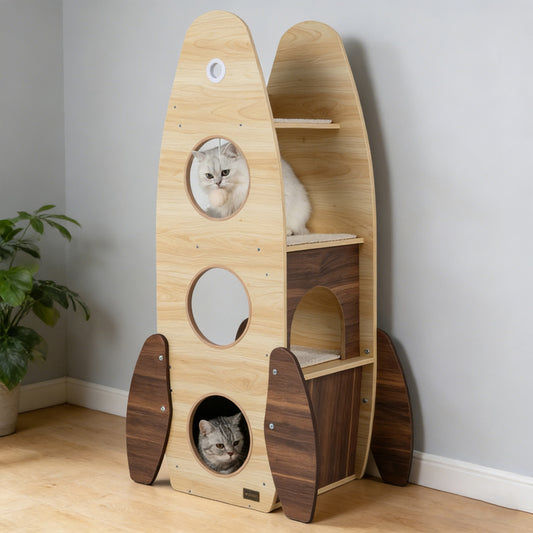 Rocket Cat Tree 47 Inch Large Wooden Cat Tower For Indoor Cats Sisal Scratching Pad Detachable Scratching Mat