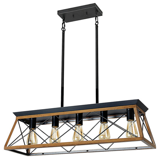 32in Walnut Industrial 5-Light Pendant Chandelier, Modern Metal Cage Design, Adjustable Hanging Light For Dining Room, Kitchen, Living Room -No Bulbs