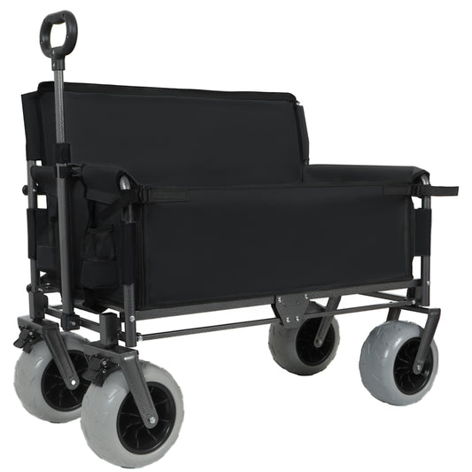 Folding Wagon With Bench Seat & 500 Lbs Capacity- 3- In- 1 Collapsible Utility Cart With All- Terrain Beach Tires For Camping Beach Groceries Outdoor Black