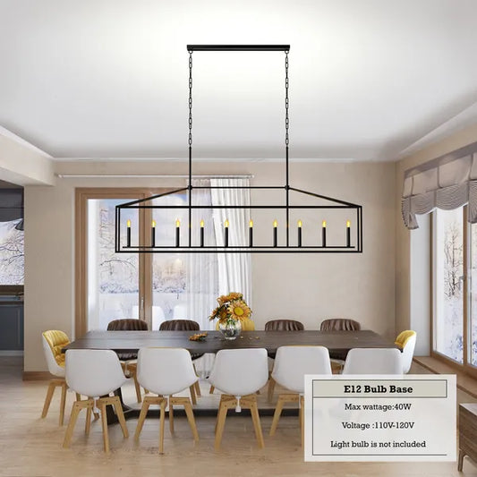 10 Lights Farmhouse Black Chandelier Rectangular Linear Pendant Lighting For Dining Room Kitchen Island